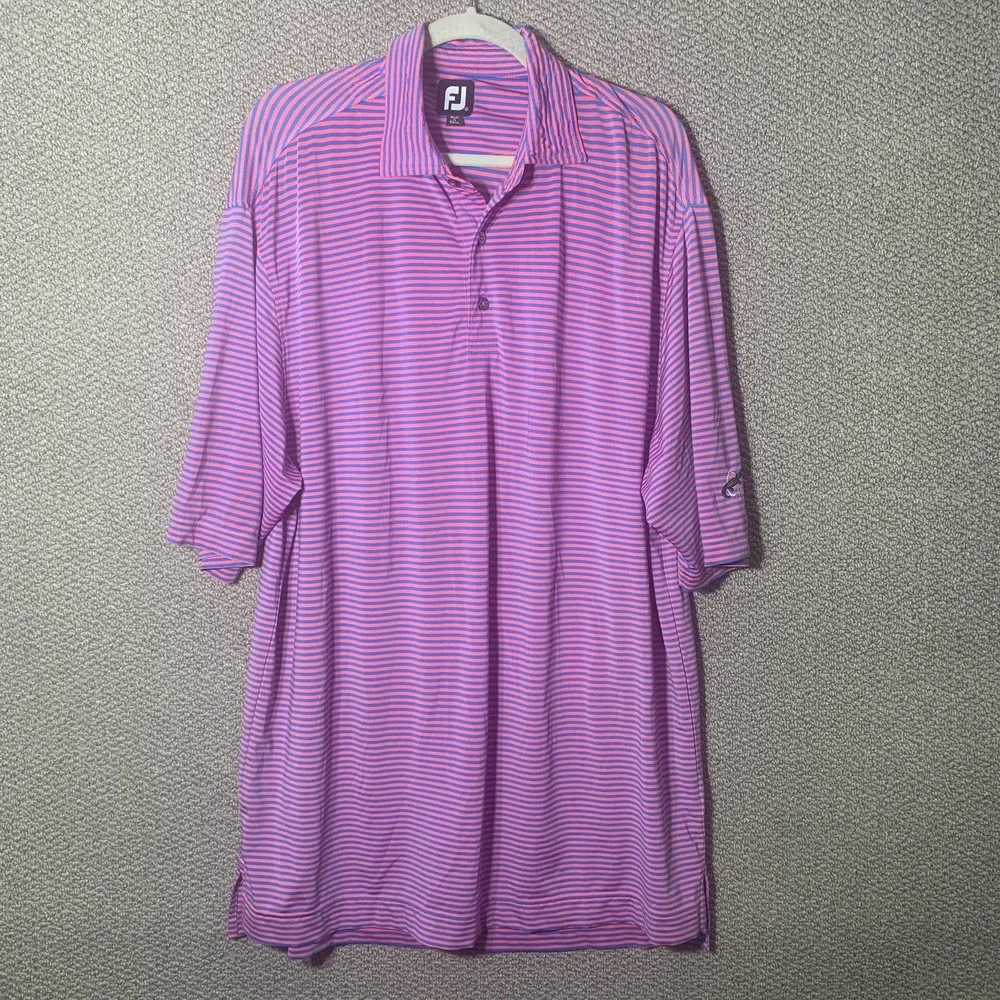 FootJoy‎ Mens Polo Shirt Size XL Blue Pink Striped Okefenokee Country Club Golf